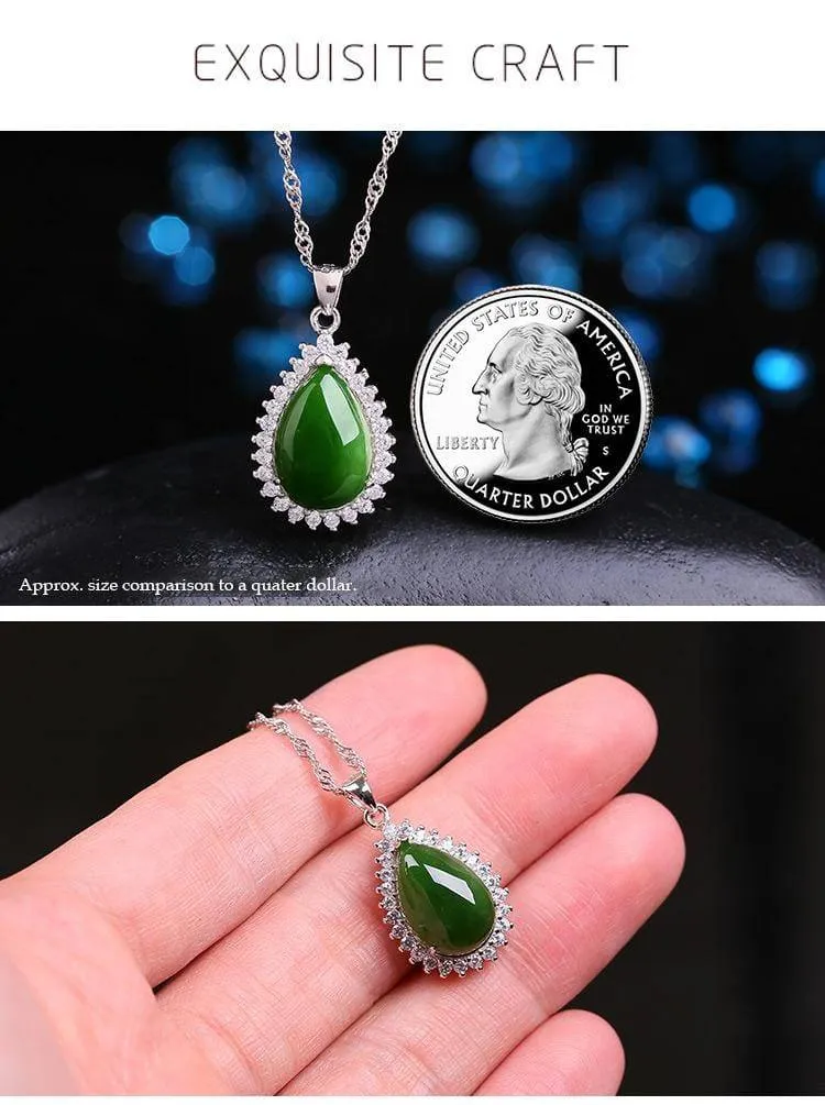 Genuine Green Nephrite Jade Pendant Necklace Tear Drop with Zircon Halo