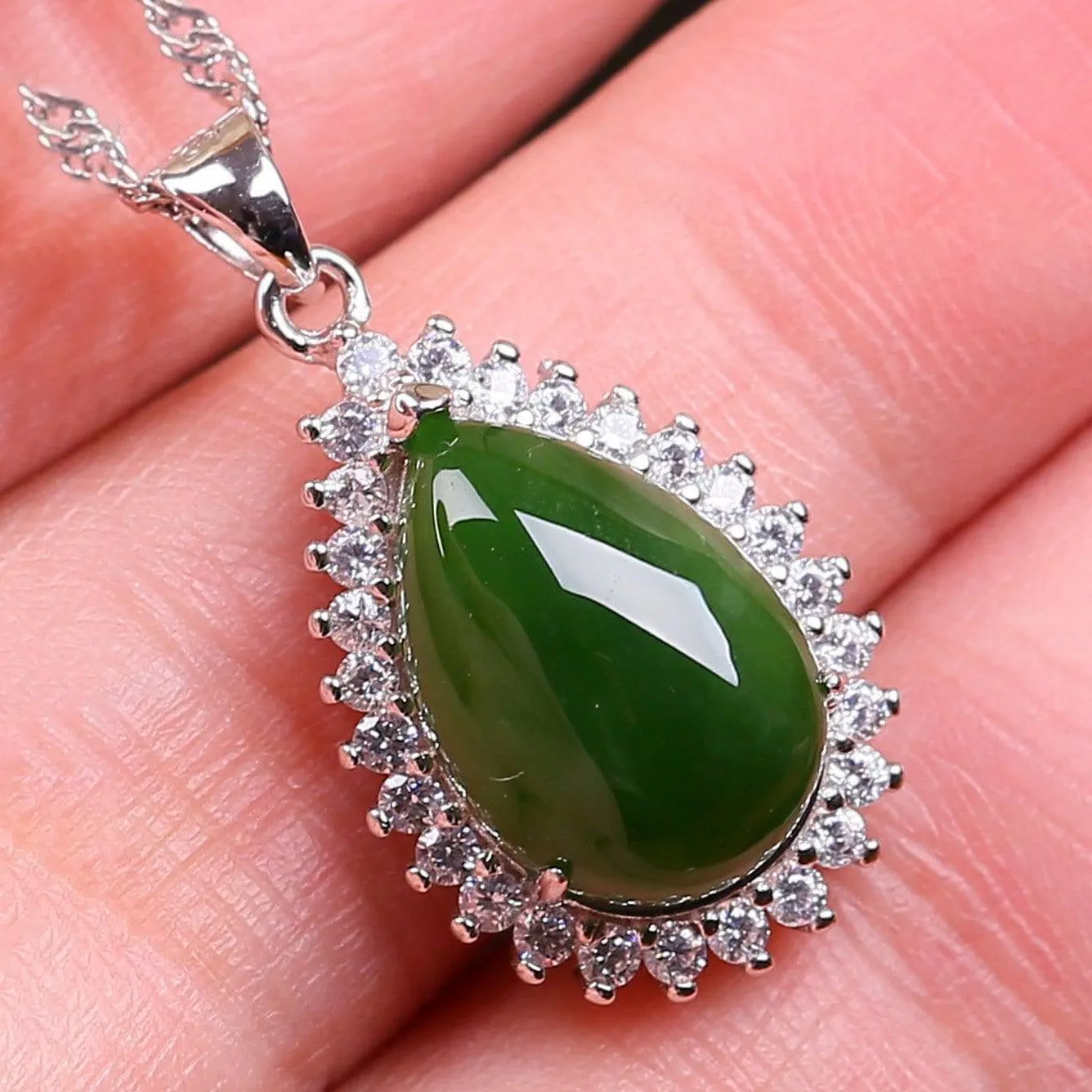 Genuine Green Nephrite Jade Pendant Necklace Tear Drop with Zircon Halo