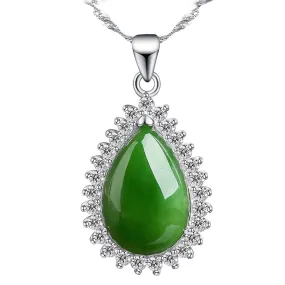 Genuine Green Nephrite Jade Pendant Necklace Tear Drop with Zircon Halo