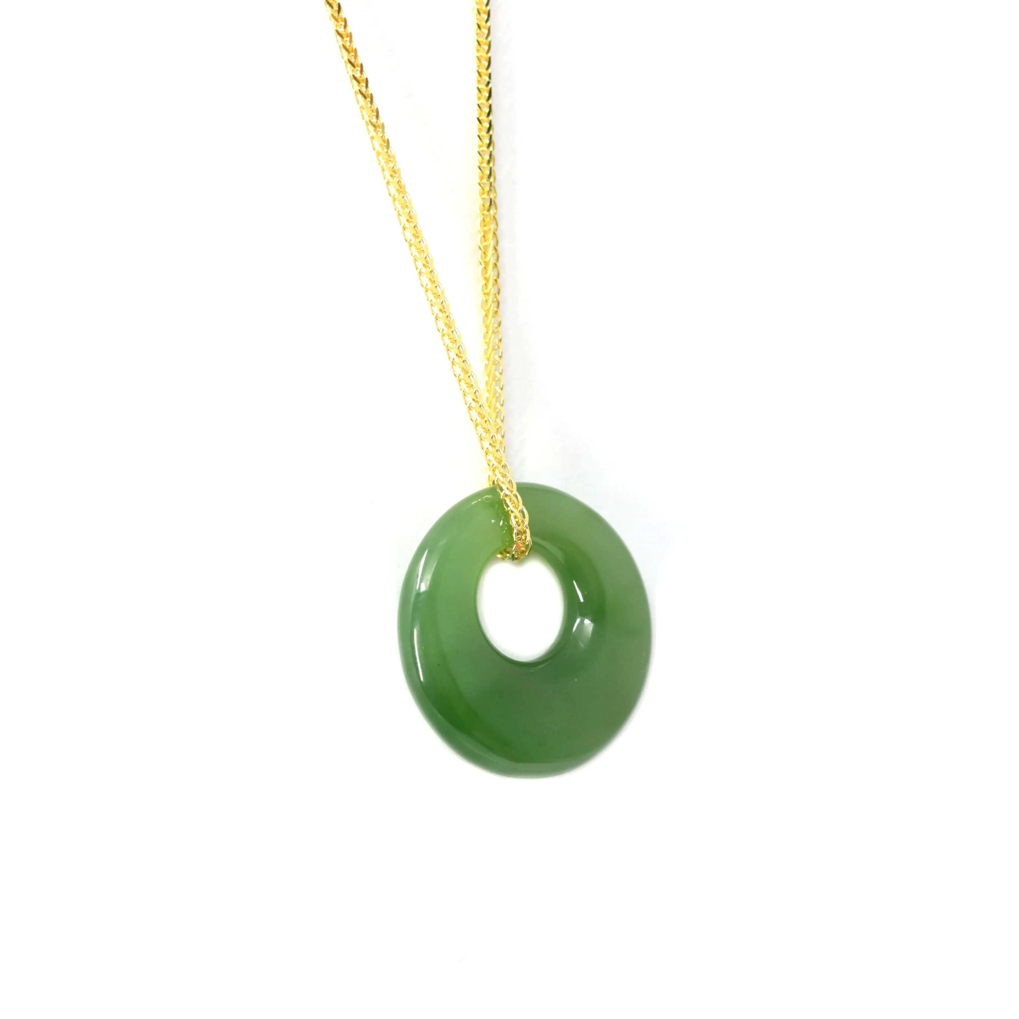 Genuine HeTian Nephrite Green Jade Lucky KouKou Circle Pendant Necklace