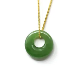 Genuine HeTian Nephrite Green Jade Lucky KouKou Circle Pendant Necklace