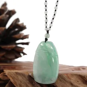 Genuine Ice Green Jadeite Jade "Good Luck Bamboo" Pendant Necklace With Real Jadeite Bead Necklace