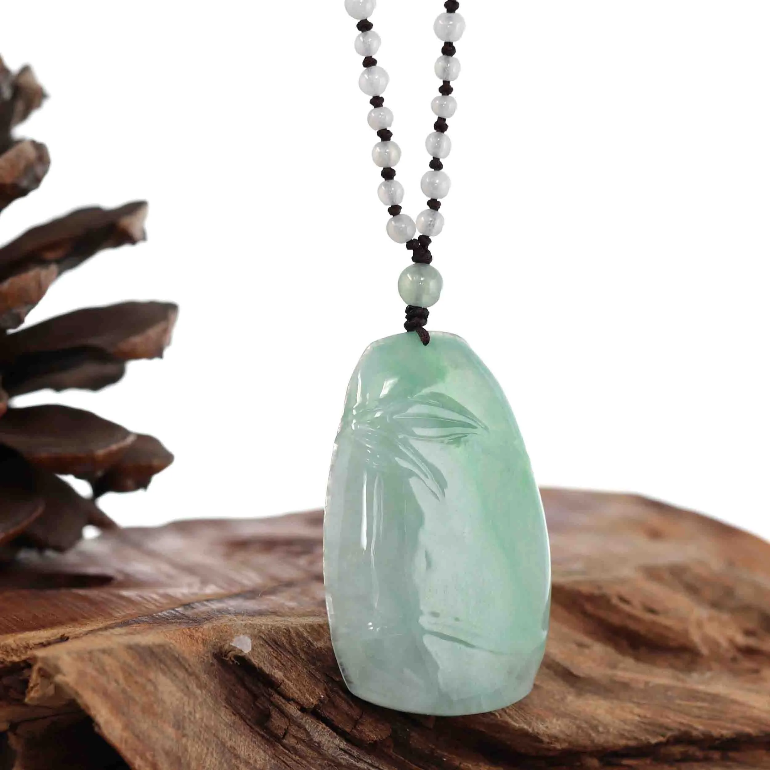 Genuine Ice Green Jadeite Jade "Good Luck Bamboo" Pendant Necklace With Real Jadeite Bead Necklace