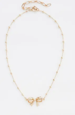 Gold Beaded Chain with Gold Bow Necklace