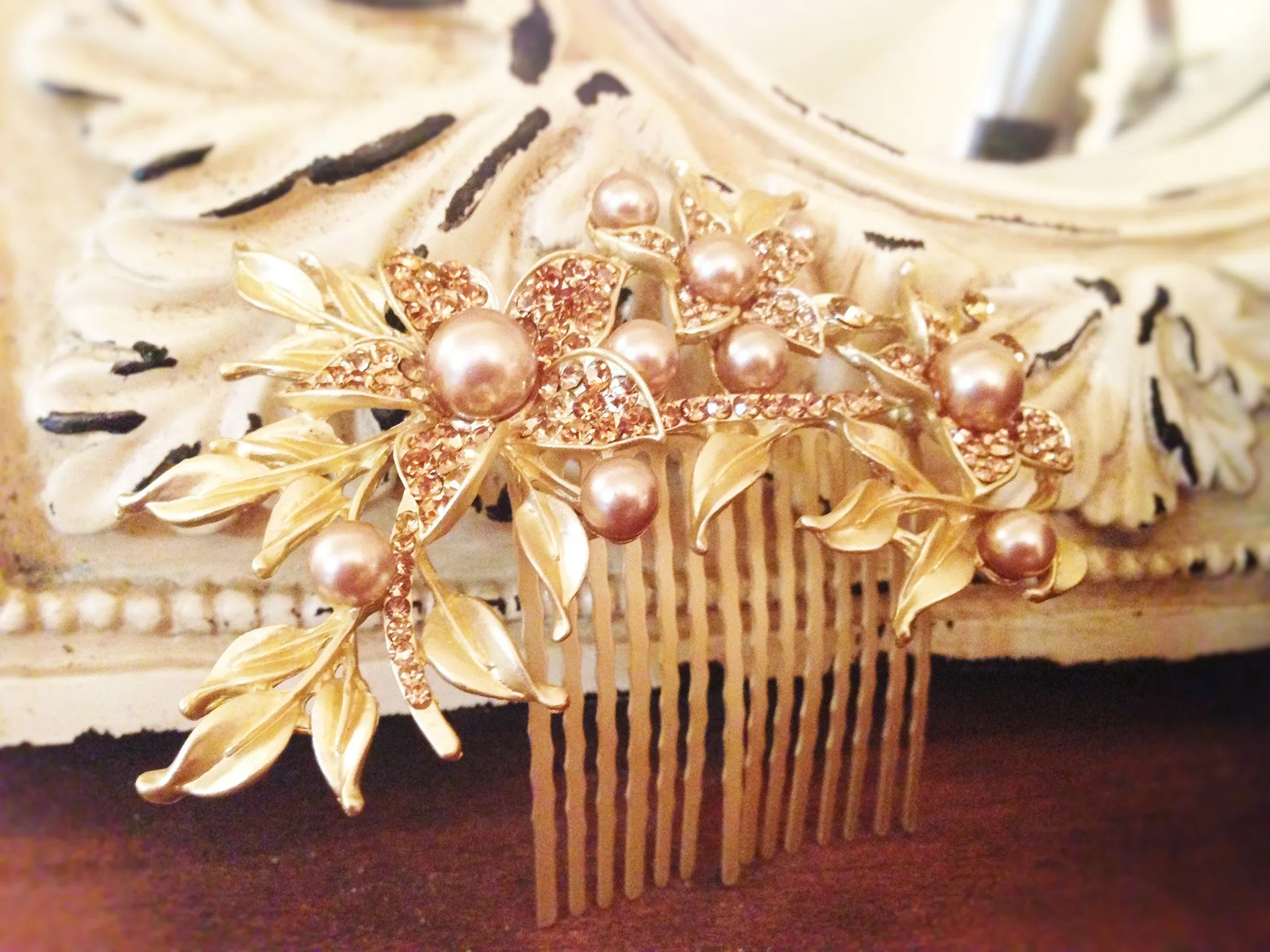 Gold Bridal Wedding Hair Accessories Rhinestone Pearl, Hair Combs Home-coming