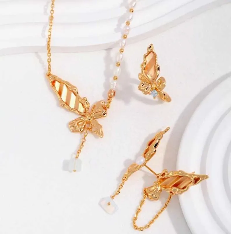 Gold Butterfly Necklace Choker -Half Pearl Half Chain