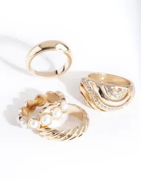 Gold Pearl & Swirl Band Ring 4 Pack