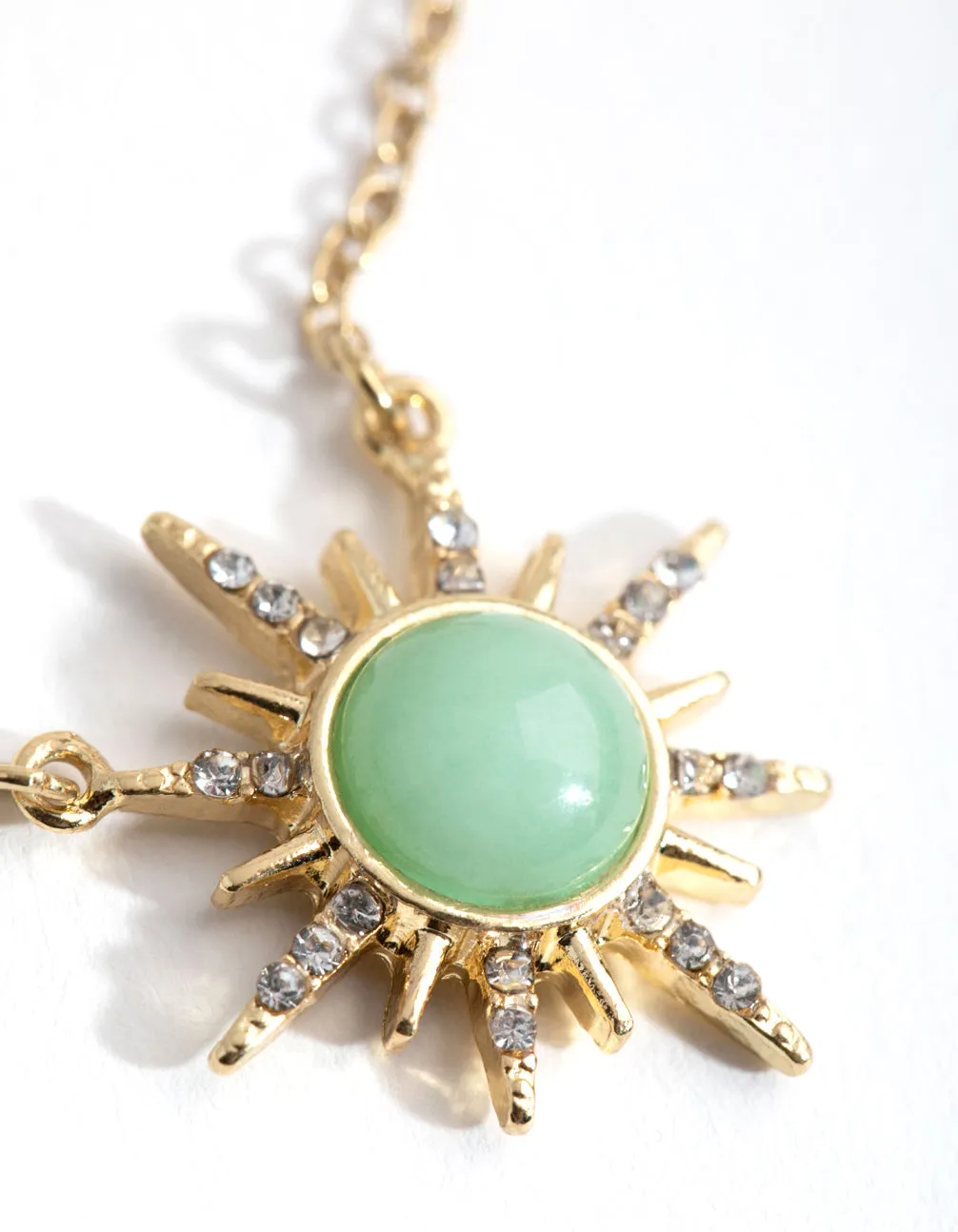 Gold Plated Diamante Semi Precious Jade Sun Necklace