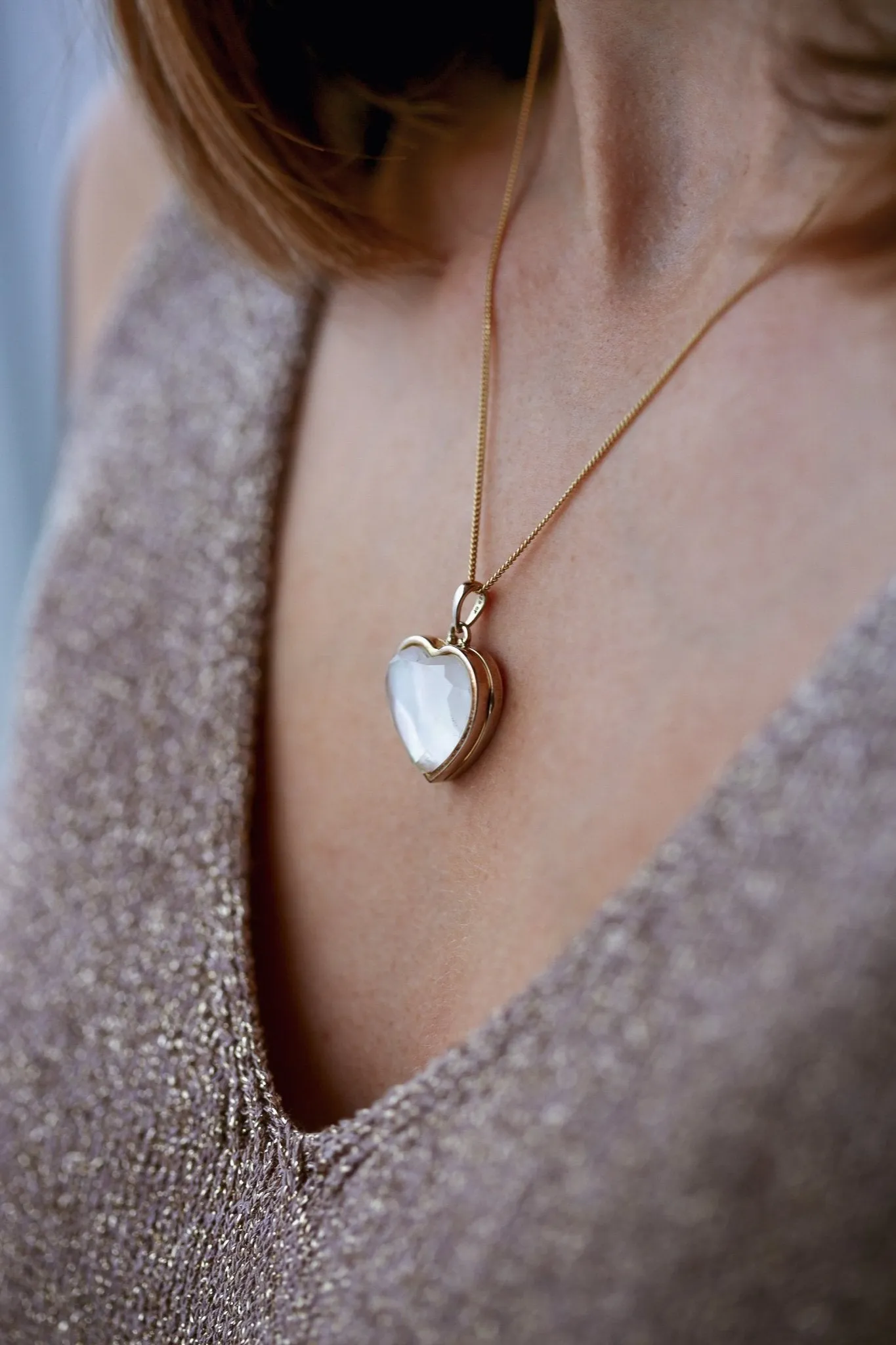 Gold Plated Sterling Silver Heart Mother of Pearl & Clear Quartz Locket Necklace