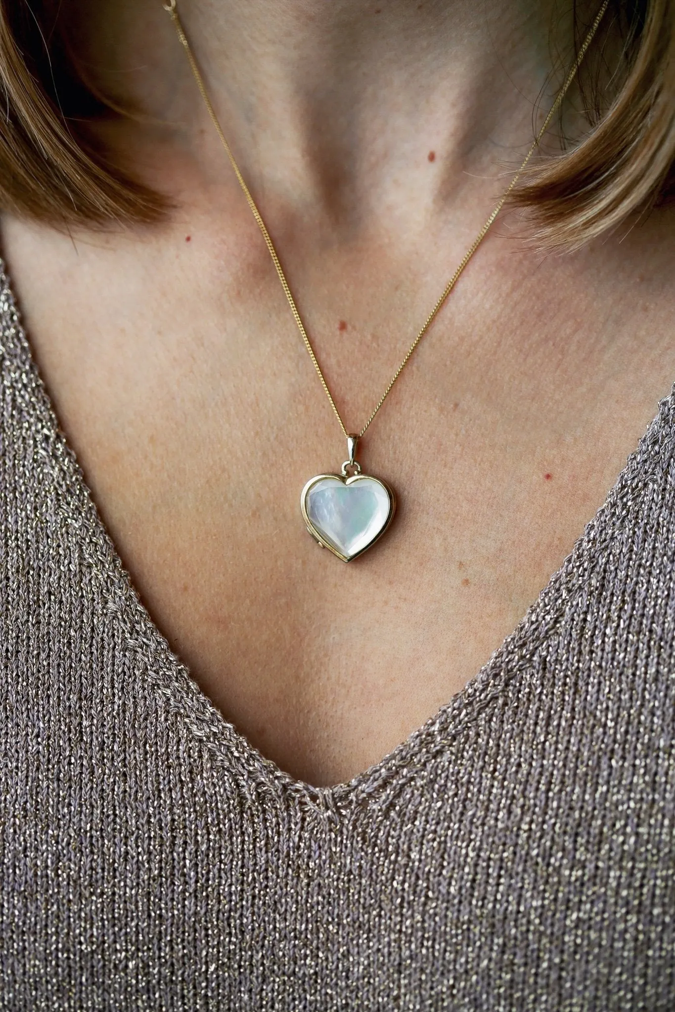 Gold Plated Sterling Silver Heart Mother of Pearl & Clear Quartz Locket Necklace