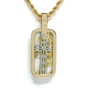 Gold Quartz Necklace Dog Tag Double Sided Inlaid Cross Pendant