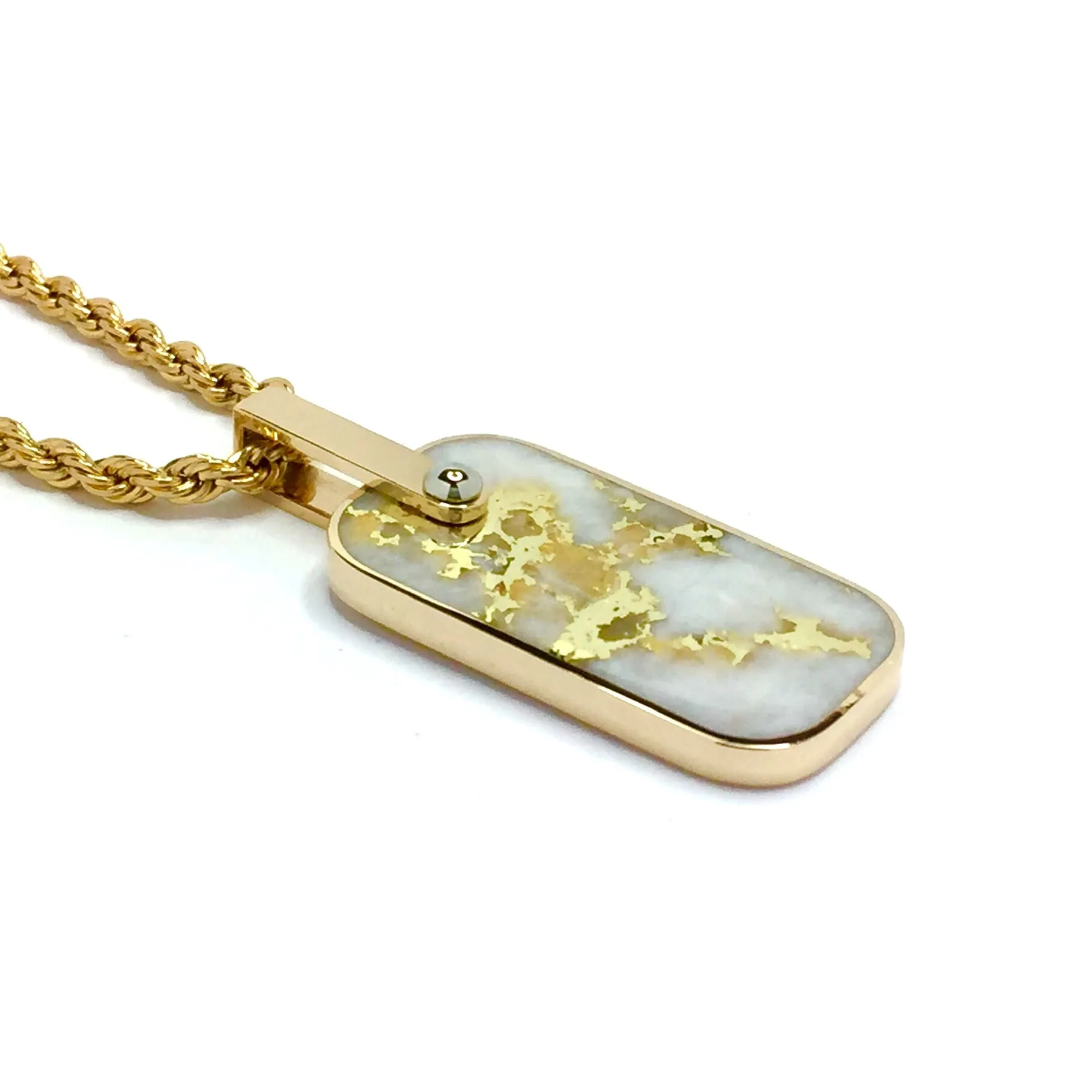 Gold Quartz Necklace Dog Tag Double Sided Inlaid Cross Pendant