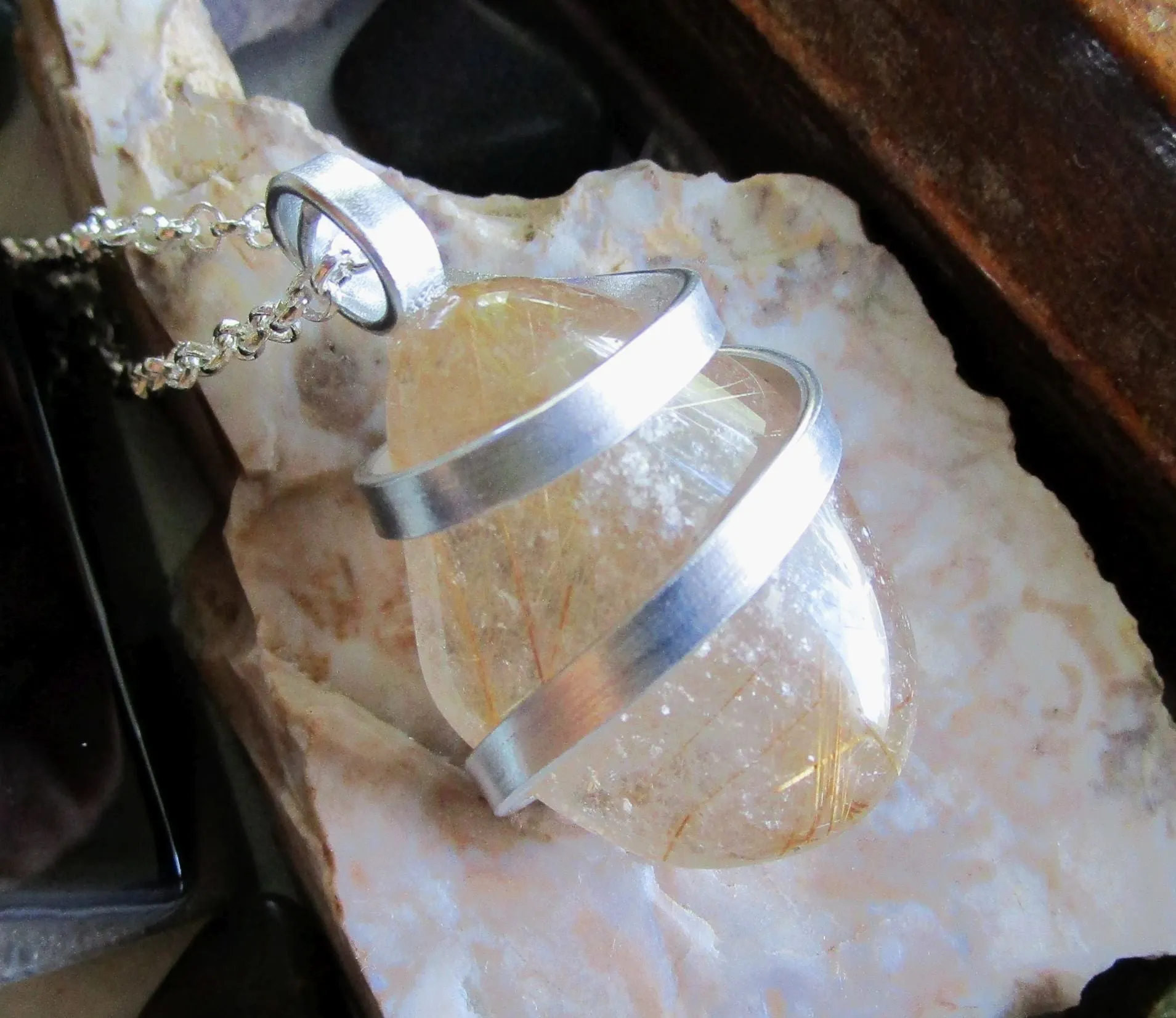 Gold Rutilated Natural Polished Quartz Crystal Pendant Necklace