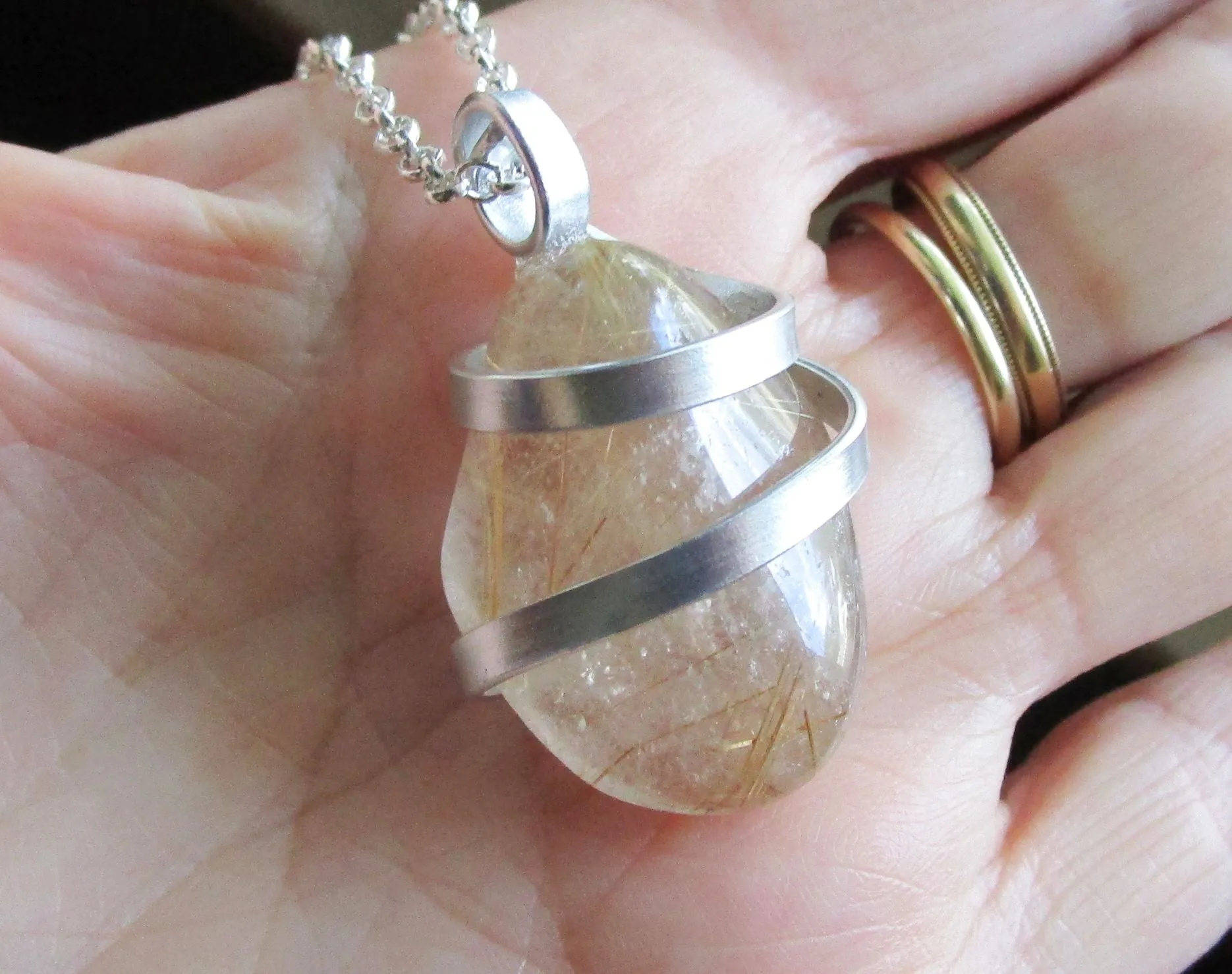 Gold Rutilated Natural Polished Quartz Crystal Pendant Necklace