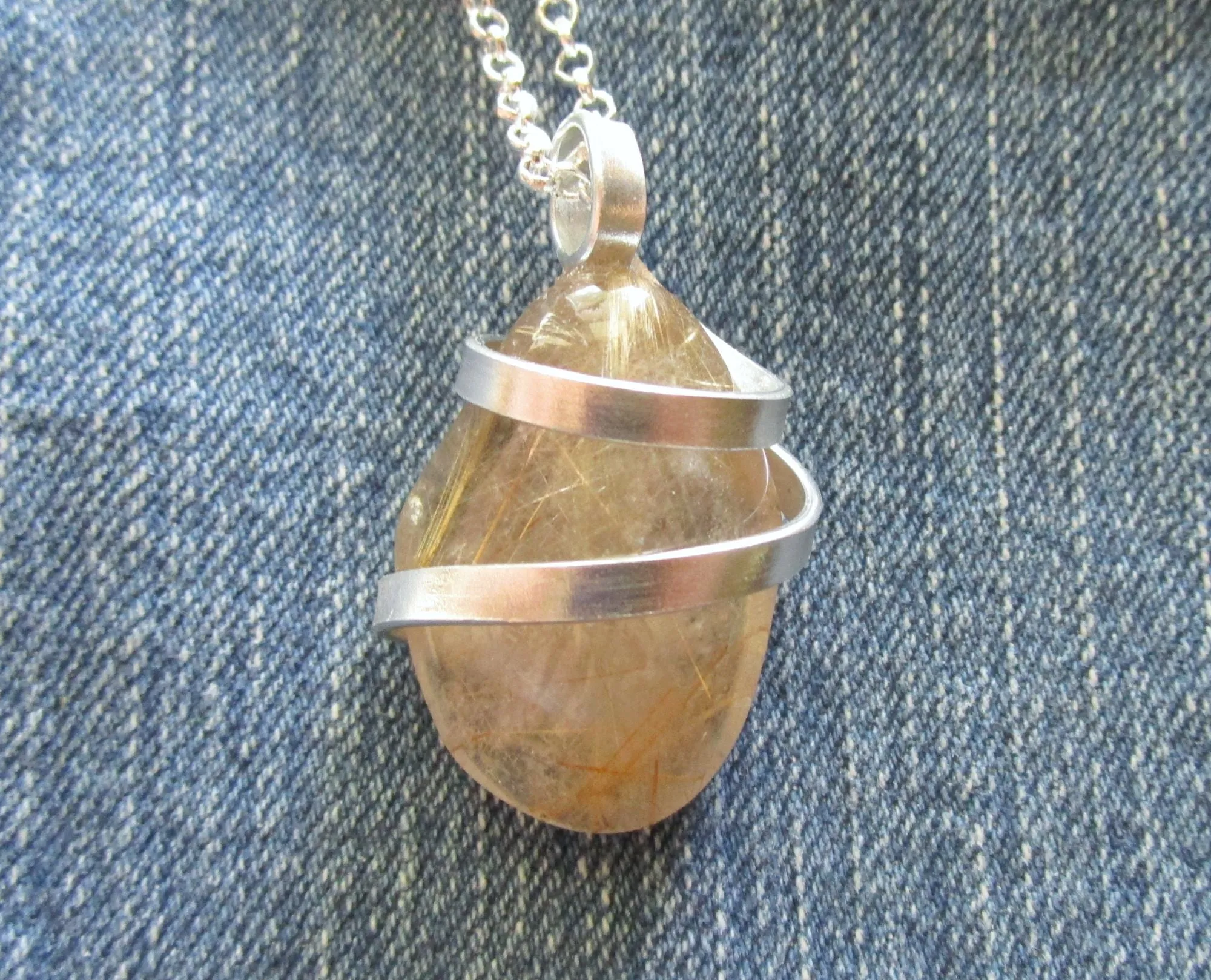 Gold Rutilated Natural Polished Quartz Crystal Pendant Necklace