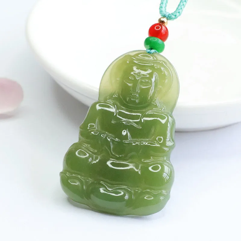 Green Jade Guanyin Bodhisattva Pendant with Sterling Silver Needle