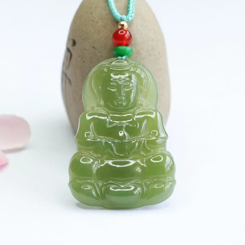 Green Jade Guanyin Bodhisattva Pendant with Sterling Silver Needle