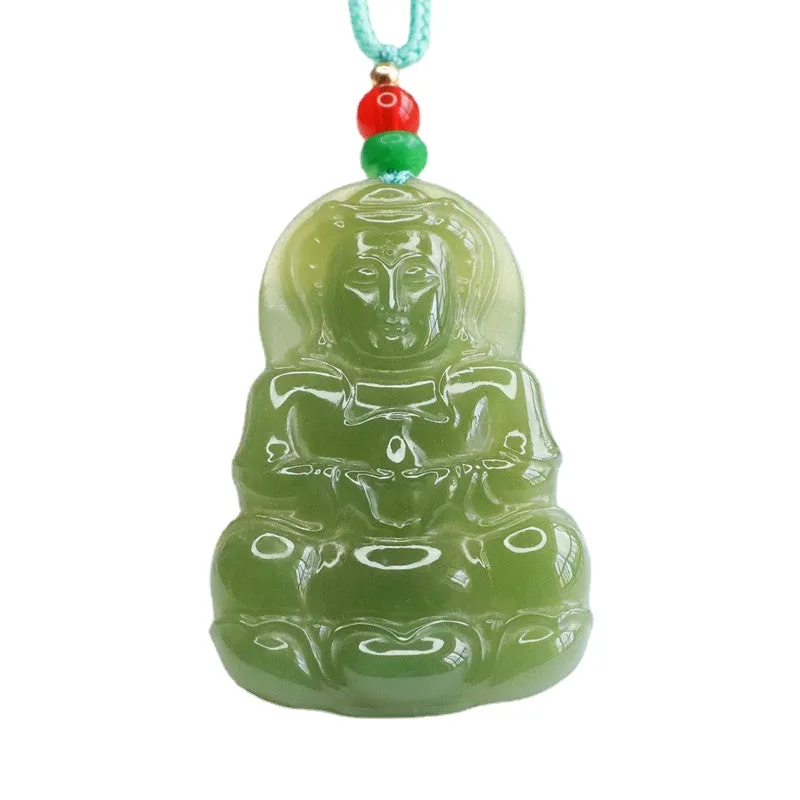 Green Jade Guanyin Bodhisattva Pendant with Sterling Silver Needle