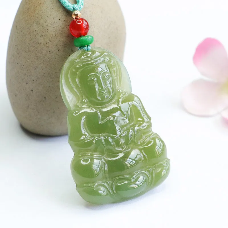 Green Jade Guanyin Bodhisattva Pendant with Sterling Silver Needle