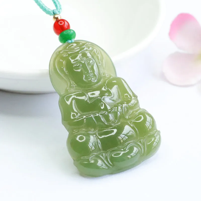 Green Jade Guanyin Bodhisattva Pendant with Sterling Silver Needle