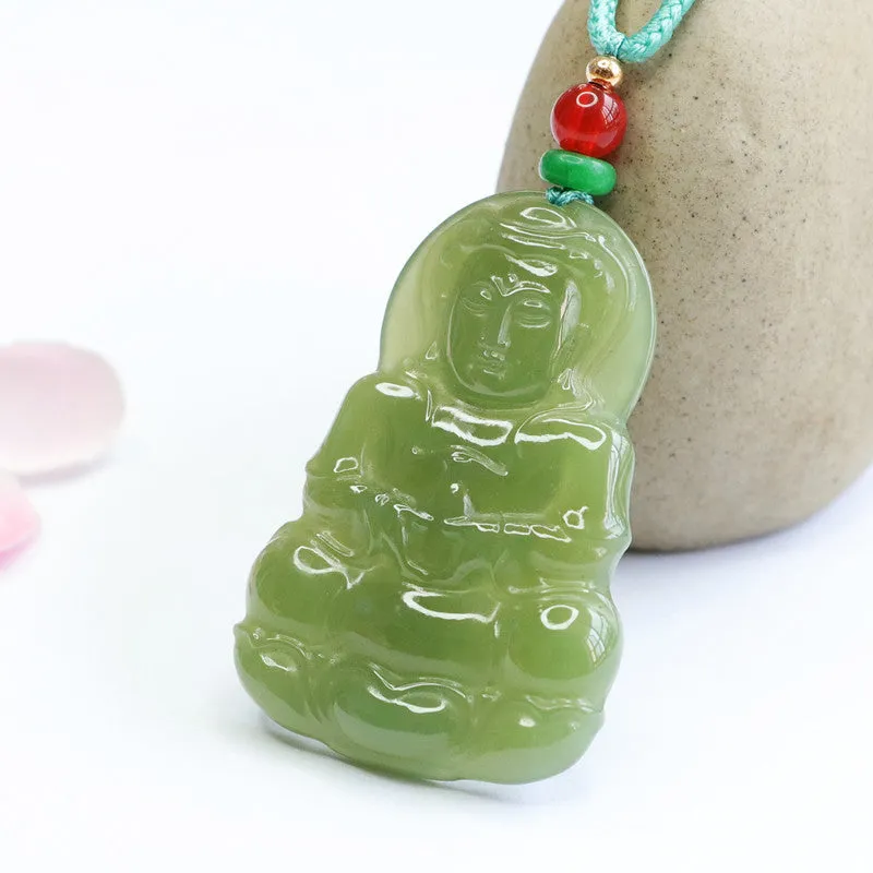 Green Jade Guanyin Bodhisattva Pendant with Sterling Silver Needle