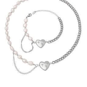 Half Pearl Half Chain Necklace Bracelet Set