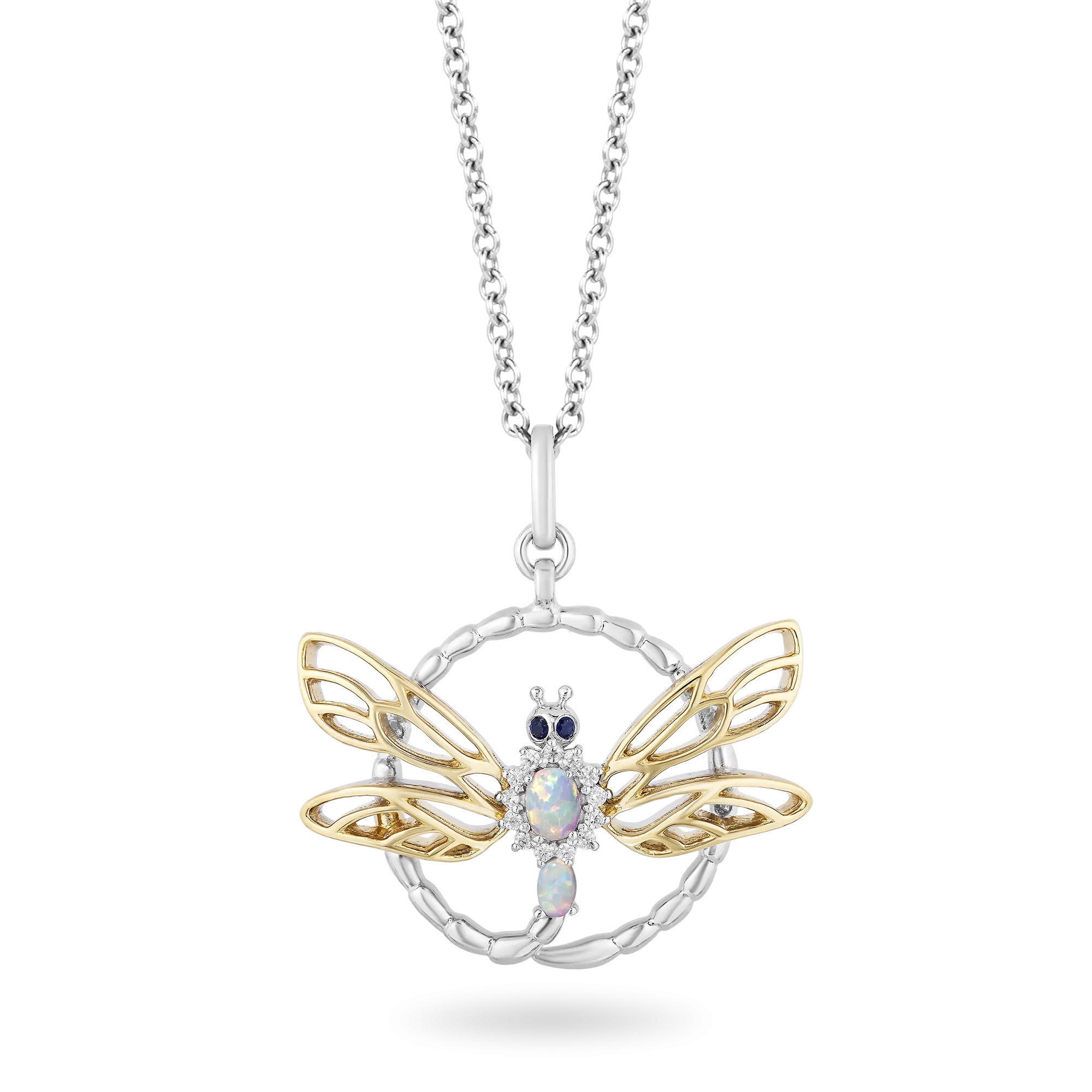 Hallmark Fine Jewelry Dragonfly Eternity Pendant in Sterling Silver & 14K Yellow Gold with Diamonds, Created Opal and Sapphire