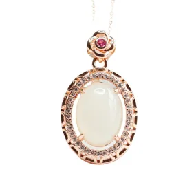 Halo Rose Zircon White Jade Oval Necklace crafted with Hetian Jade