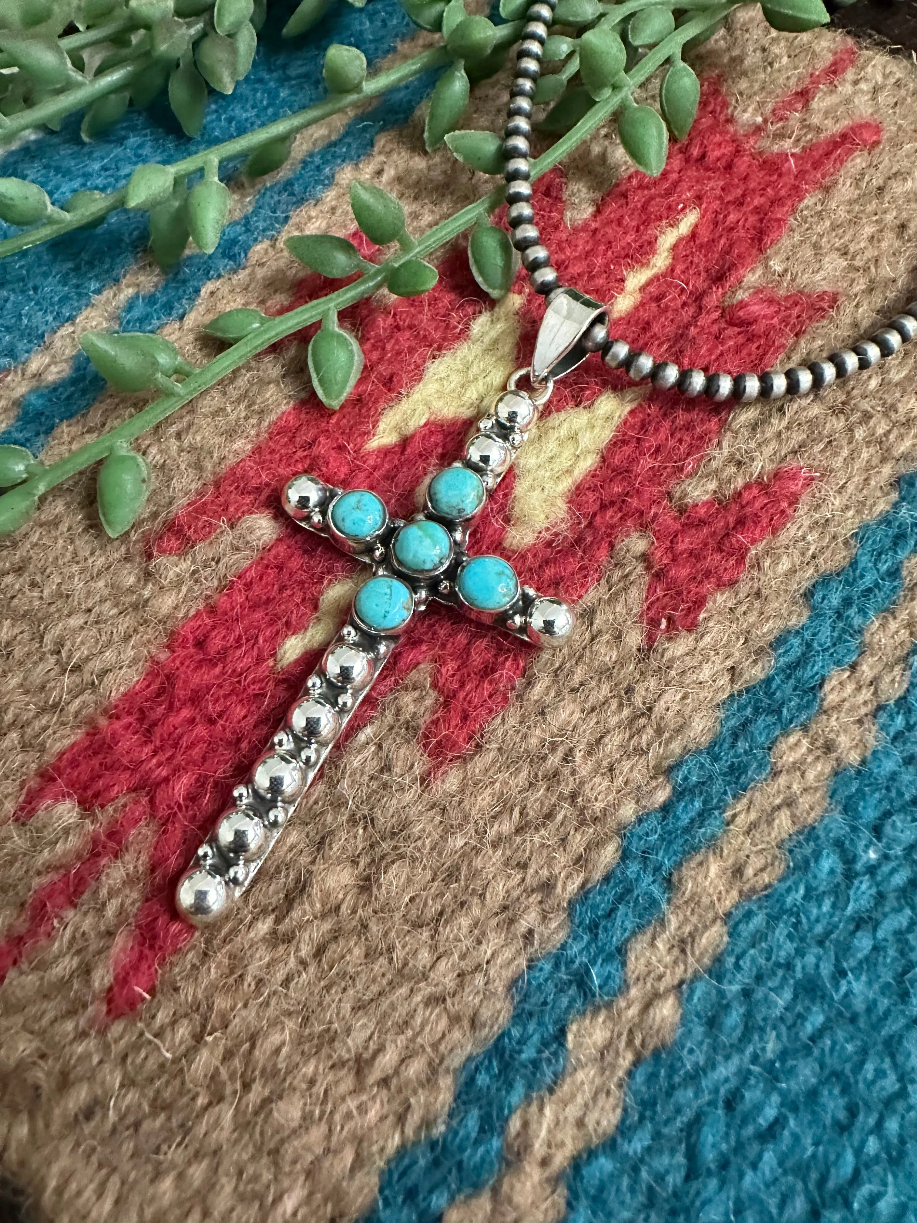 Handmade Natural Turquoise & Sterling Silver Ball Cross Pendants