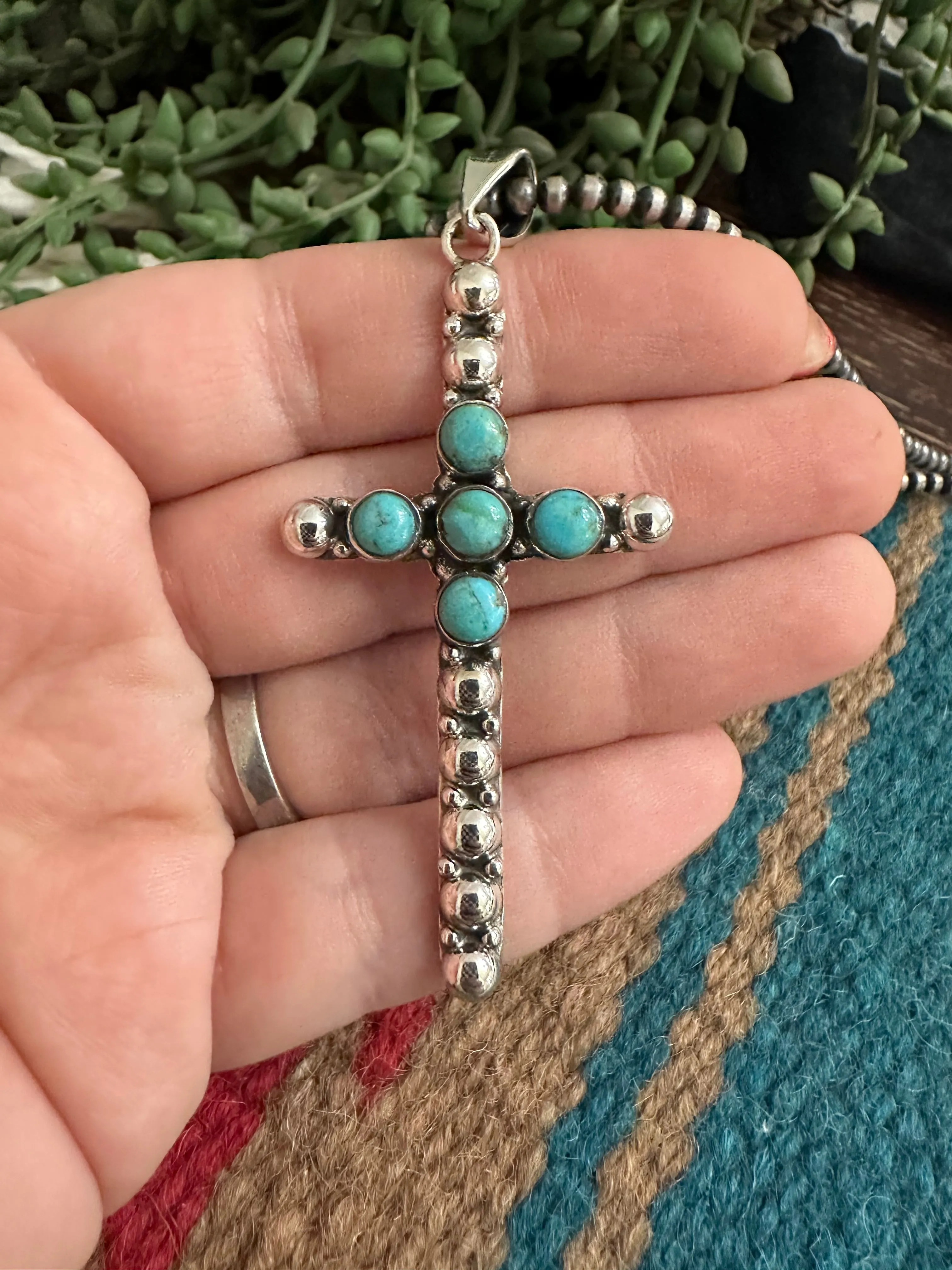 Handmade Natural Turquoise & Sterling Silver Ball Cross Pendants