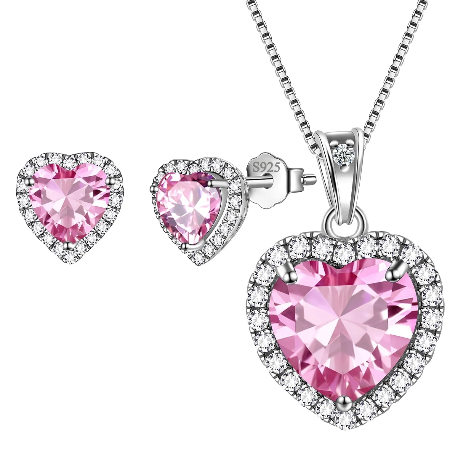 Hearts Jewelry Sets 3PCS 925 Sterling Silver Birthstone Necklace Earrings for Women Girls