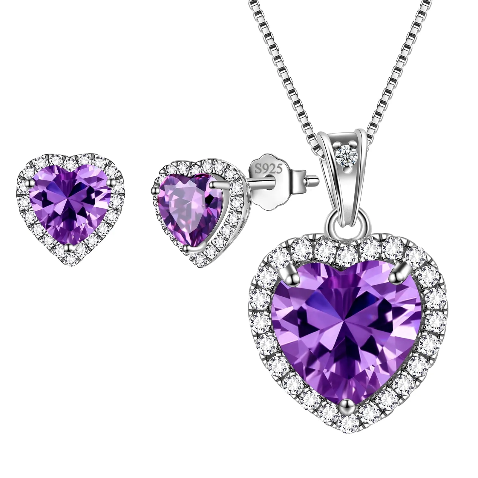 Hearts Jewelry Sets 3PCS 925 Sterling Silver Birthstone Necklace Earrings for Women Girls