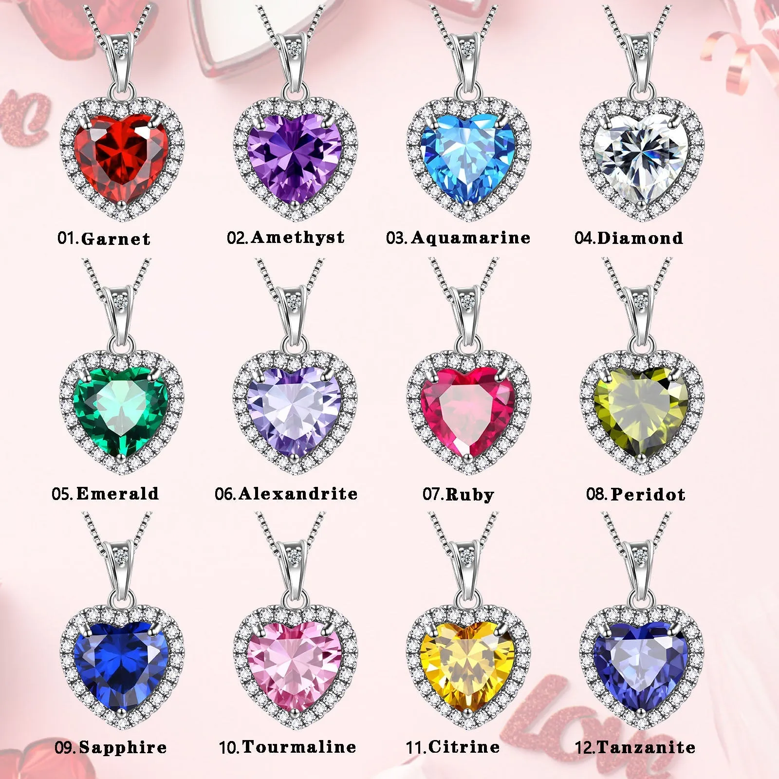 Hearts Jewelry Sets 3PCS 925 Sterling Silver Birthstone Necklace Earrings for Women Girls