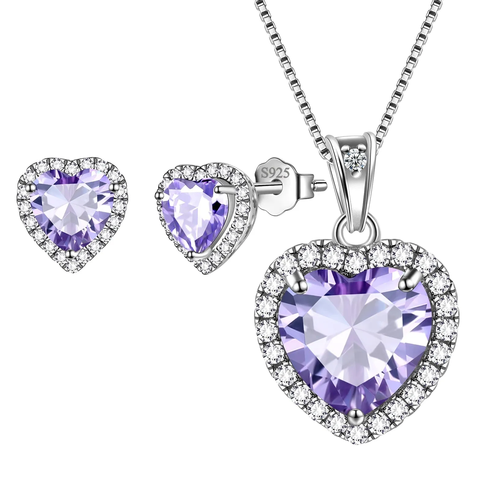 Hearts Jewelry Sets 3PCS 925 Sterling Silver Birthstone Necklace Earrings for Women Girls