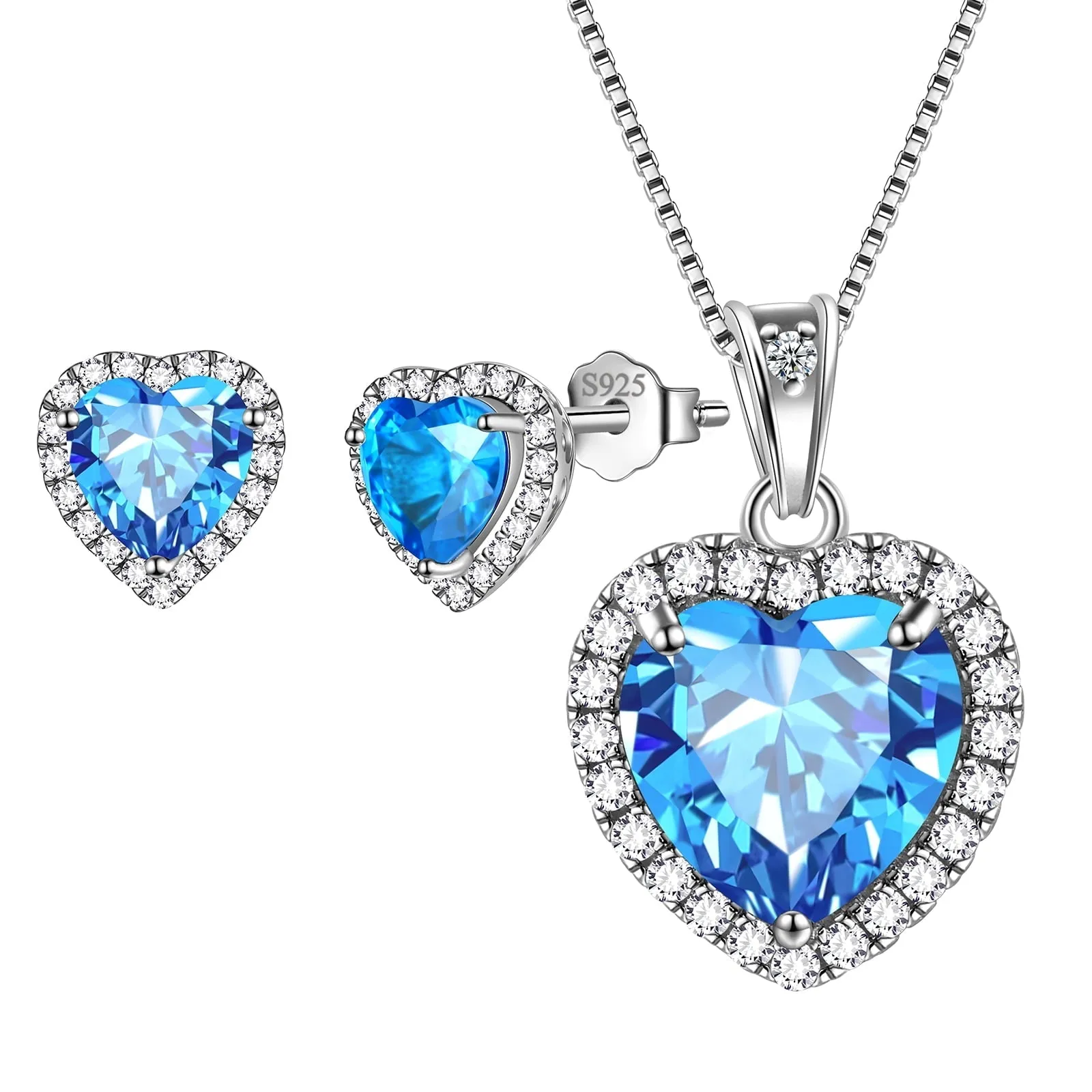 Hearts Jewelry Sets 3PCS 925 Sterling Silver Birthstone Necklace Earrings for Women Girls