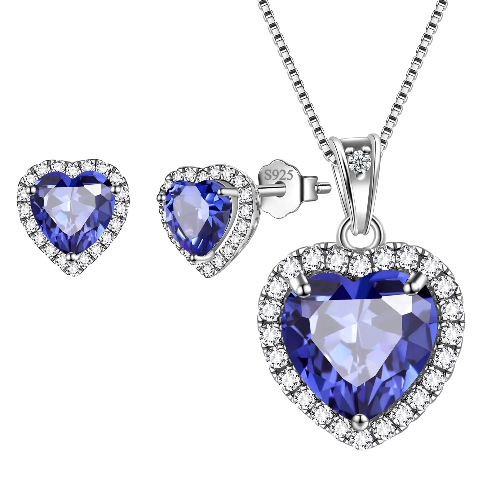 Hearts Jewelry Sets 3PCS 925 Sterling Silver Birthstone Necklace Earrings for Women Girls