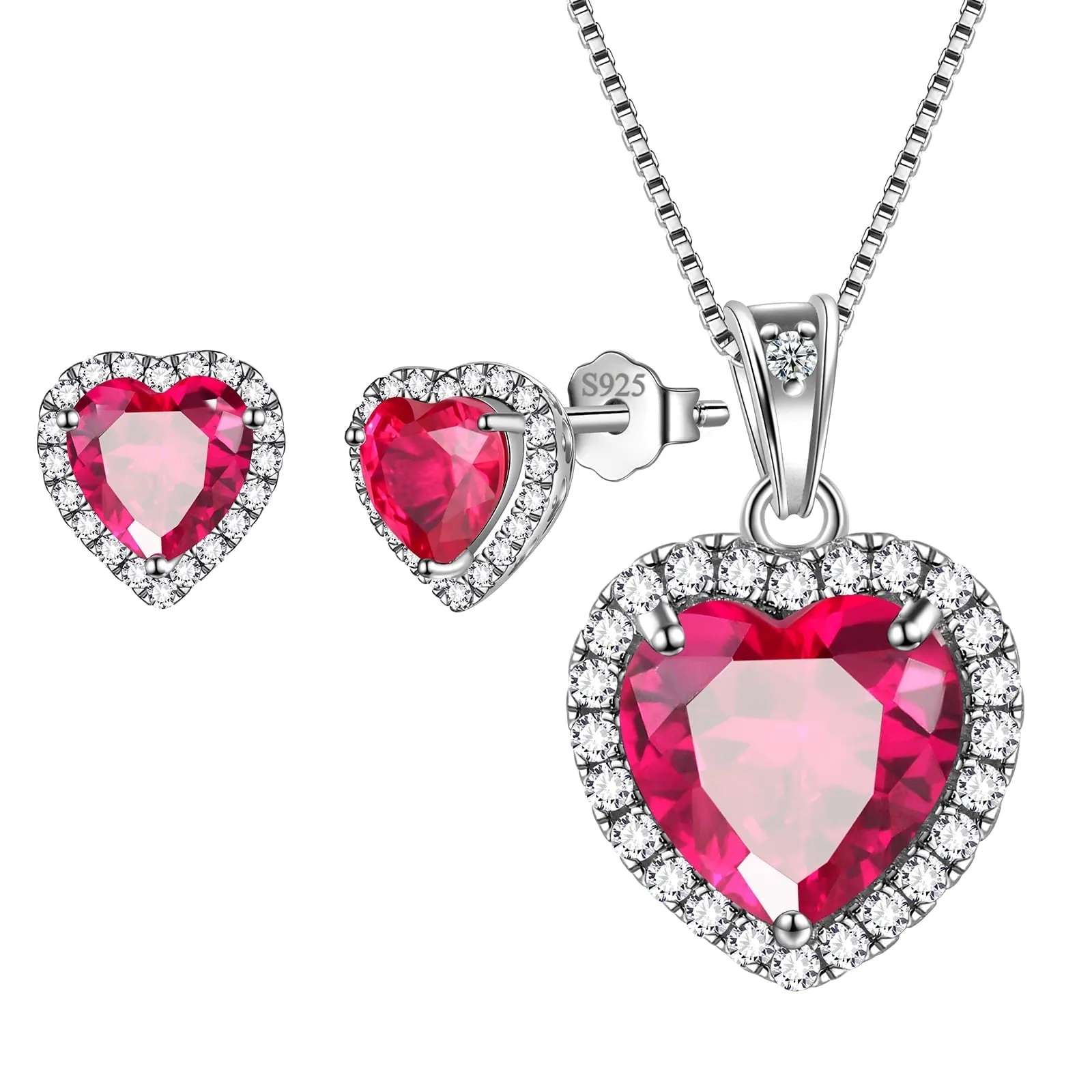 Hearts Jewelry Sets 3PCS 925 Sterling Silver Birthstone Necklace Earrings for Women Girls