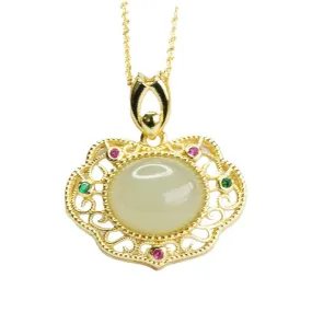 Heirloom Ruyi Pendant with Natural Oval Hotan Jade Insets