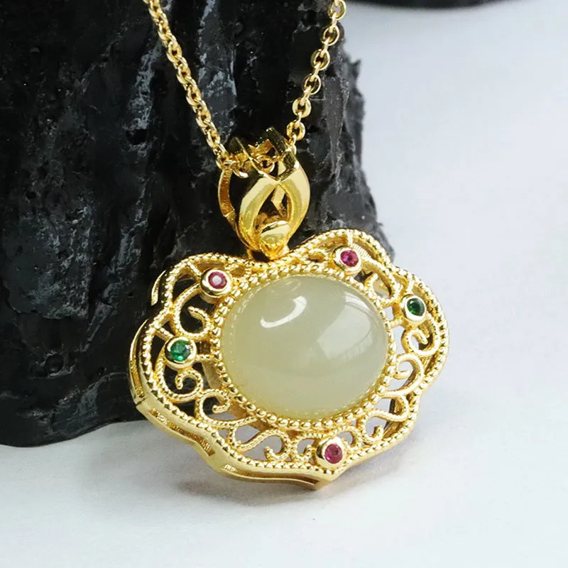 Heirloom Ruyi Pendant with Natural Oval Hotan Jade Insets