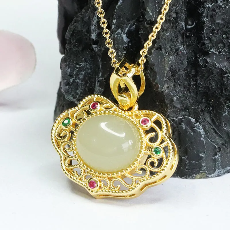 Heirloom Ruyi Pendant with Natural Oval Hotan Jade Insets