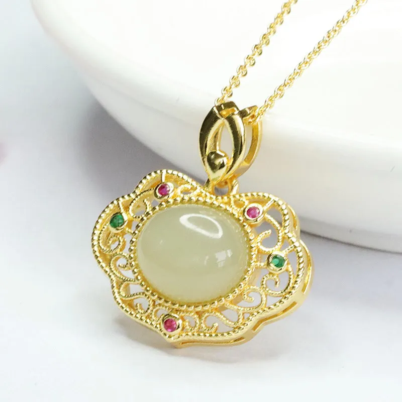 Heirloom Ruyi Pendant with Natural Oval Hotan Jade Insets