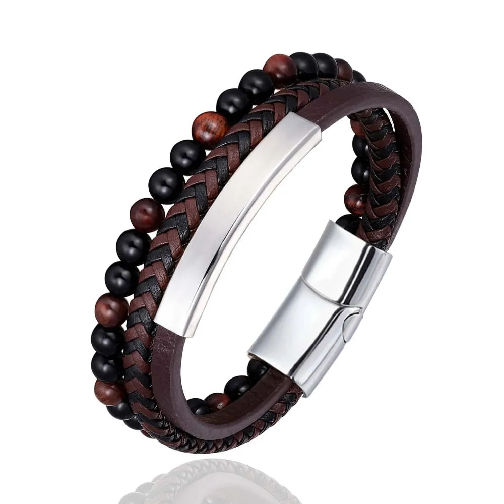 High Quality Natural Lava Stone Micro-inlaid Leather Stainless Steel Bracelet Men Women Fashion Jewelry