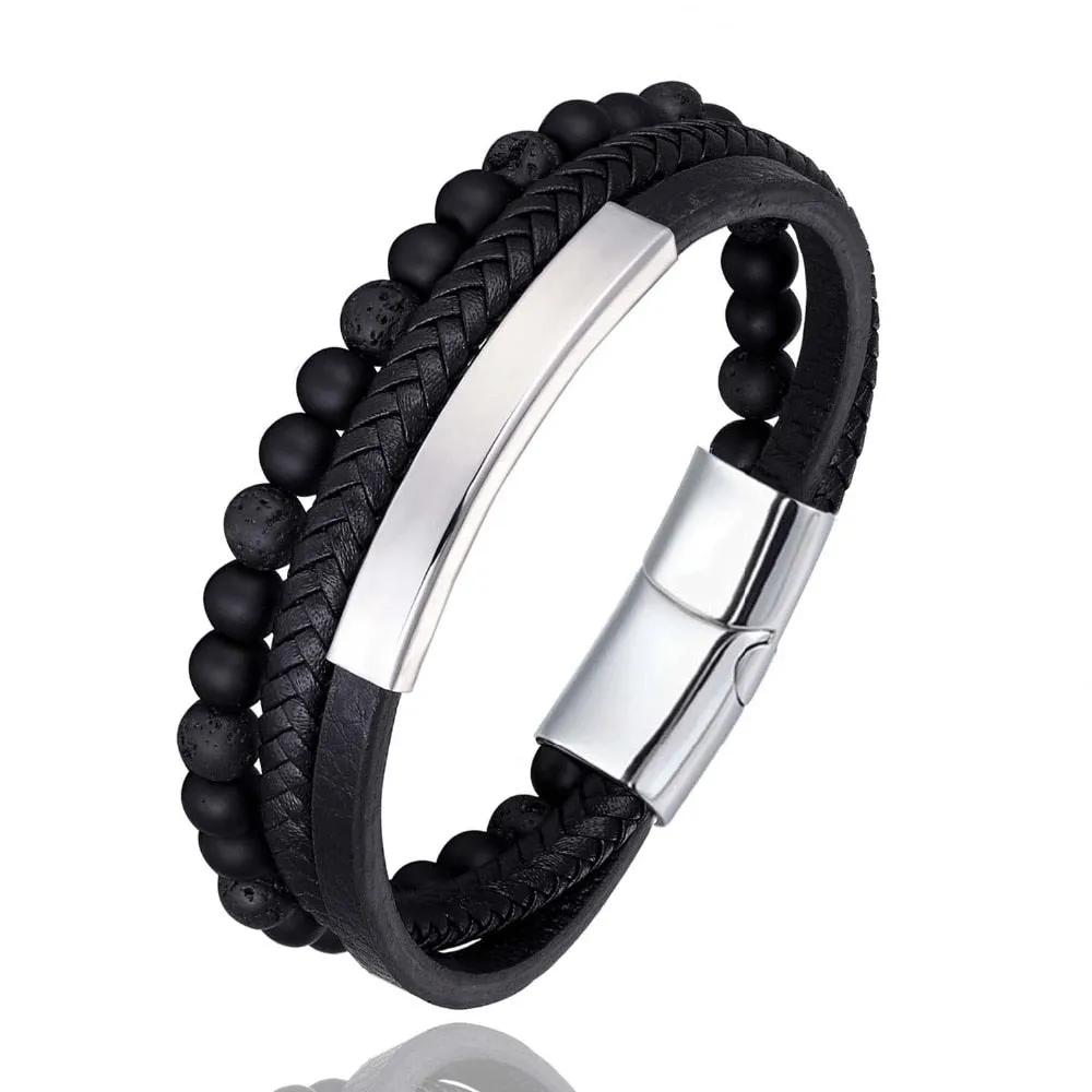 High Quality Natural Lava Stone Micro-inlaid Leather Stainless Steel Bracelet Men Women Fashion Jewelry