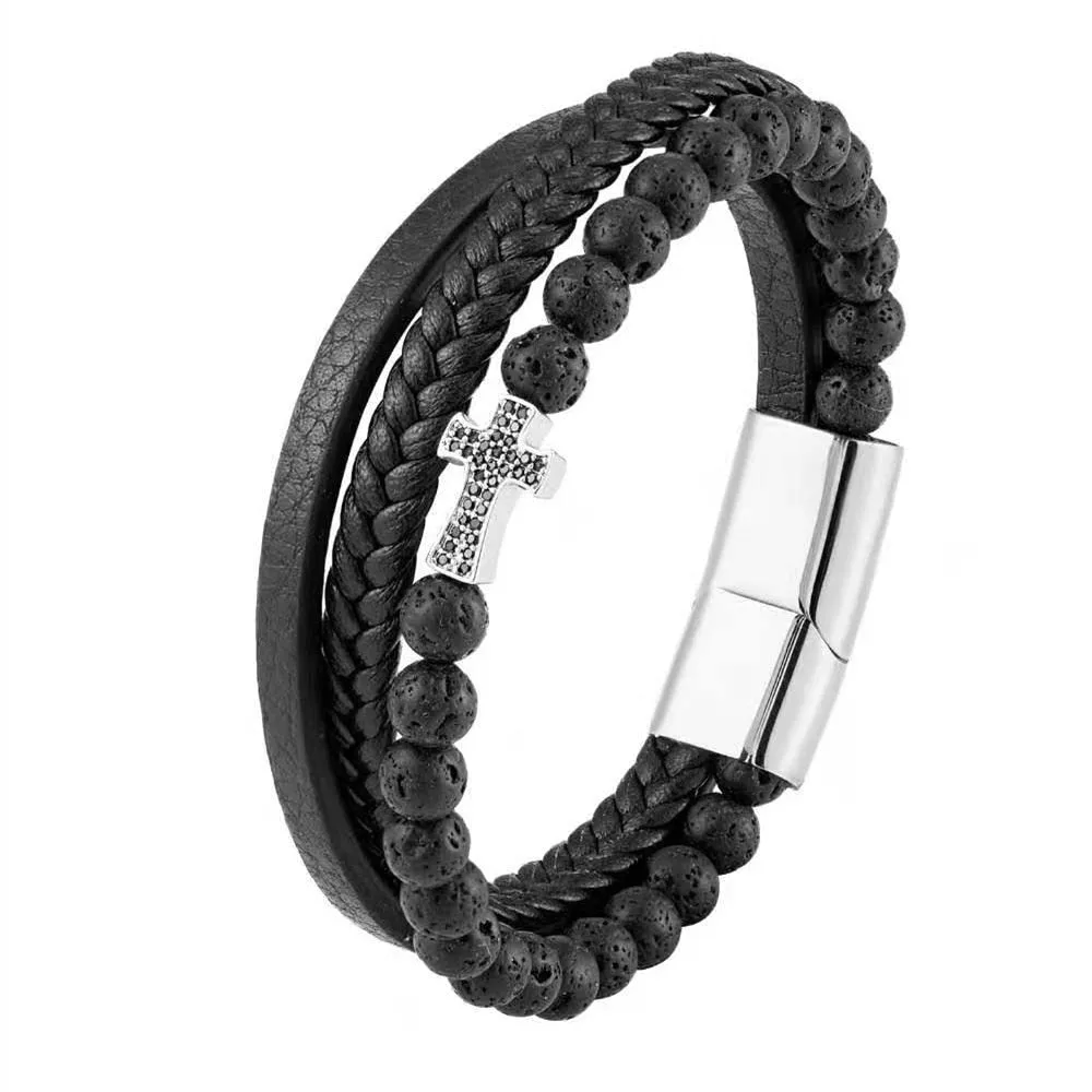 High Quality Natural Lava Stone Micro-inlaid Leather Stainless Steel Bracelet Men Women Fashion Jewelry