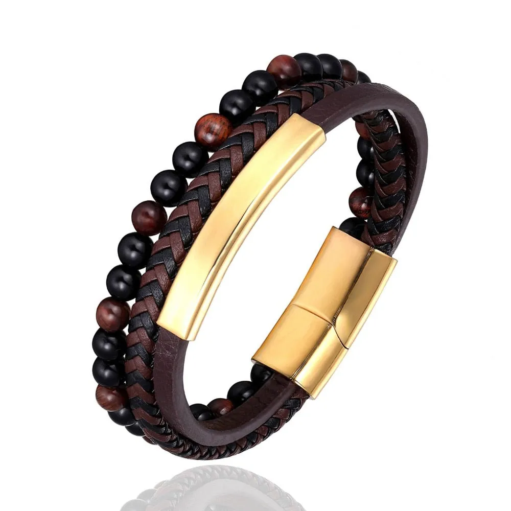 High Quality Natural Lava Stone Micro-inlaid Leather Stainless Steel Bracelet Men Women Fashion Jewelry