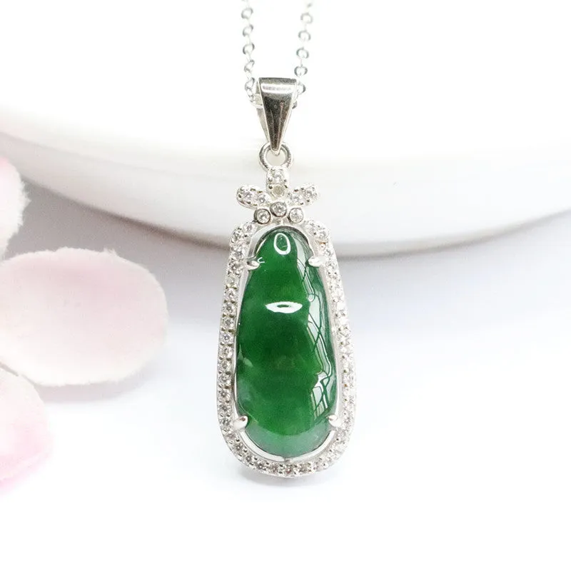 Imperial Green Bean Jade and Zircon Necklace crafted in Sterling Silver