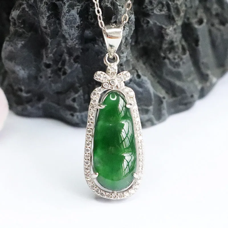 Imperial Green Bean Jade and Zircon Necklace crafted in Sterling Silver