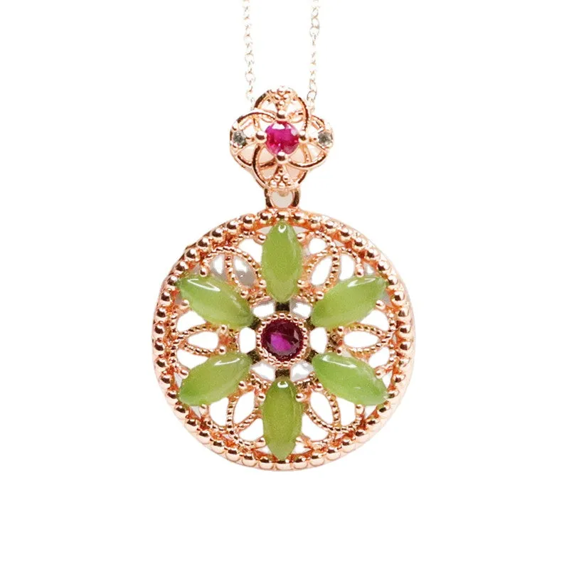 Jade Hollow Flower Necklace with Marquise Circle Design