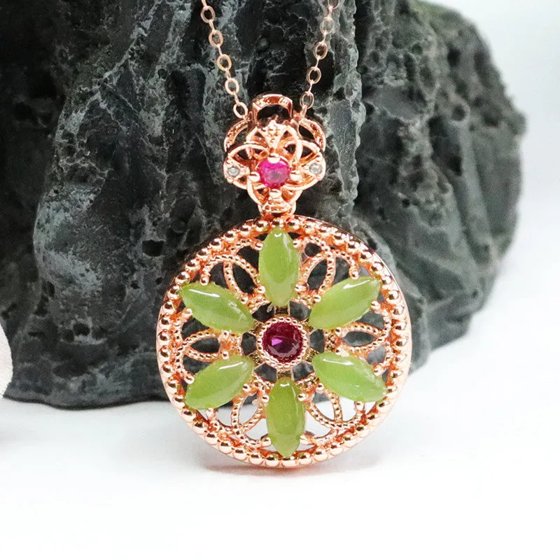 Jade Hollow Flower Necklace with Marquise Circle Design