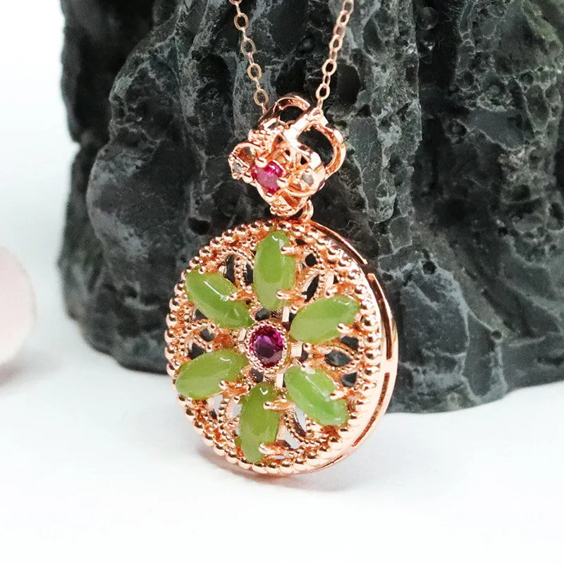 Jade Hollow Flower Necklace with Marquise Circle Design